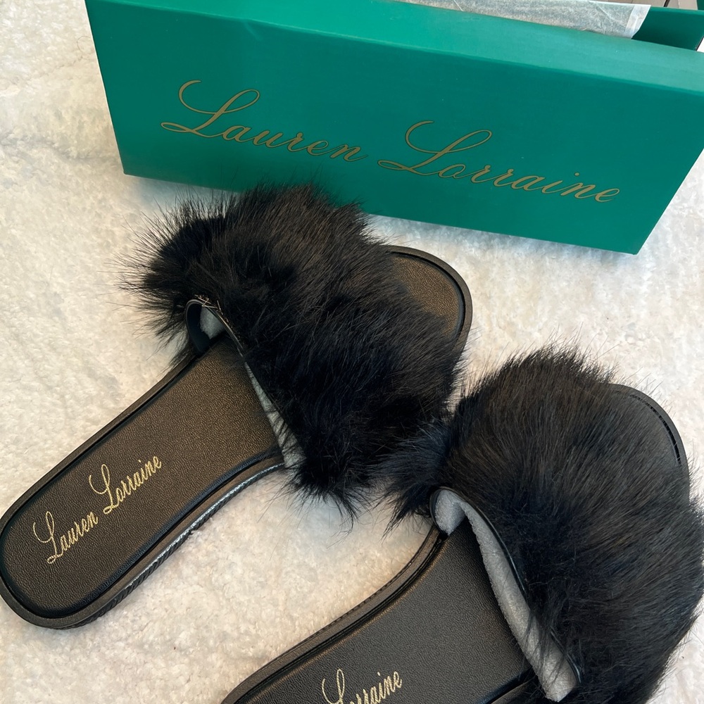 Lauren Lorraine Black Plush Slippers
